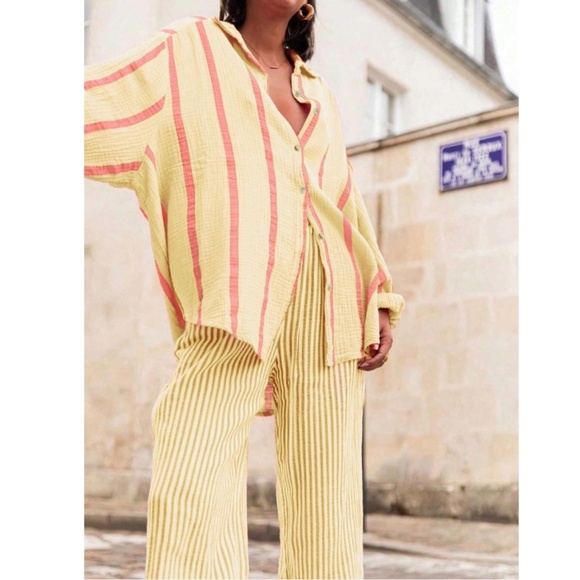 Yellow with Pink Stripes Oversized Button Down Shirt Long Sleeve - Picture 5 of 8